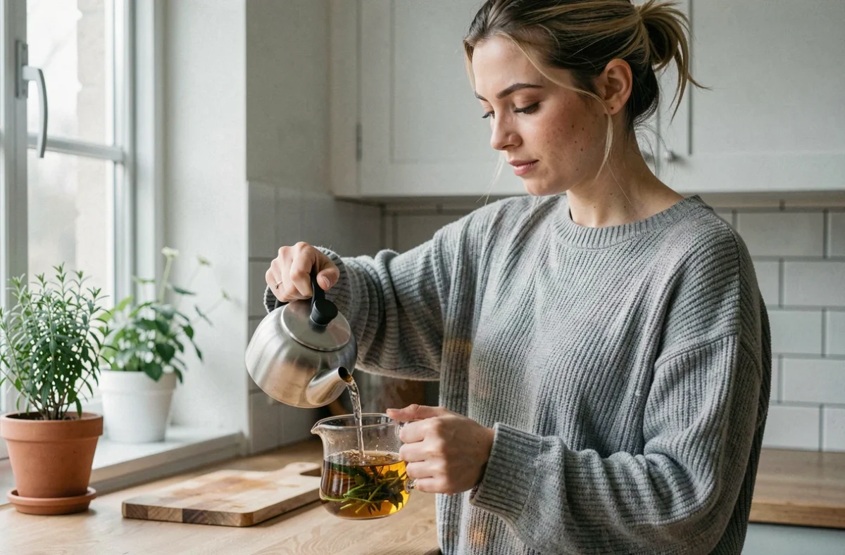 Femme préparant une tisane détox en versant de l'eau chaude dans une théière en verre sur un comptoir de cuisine