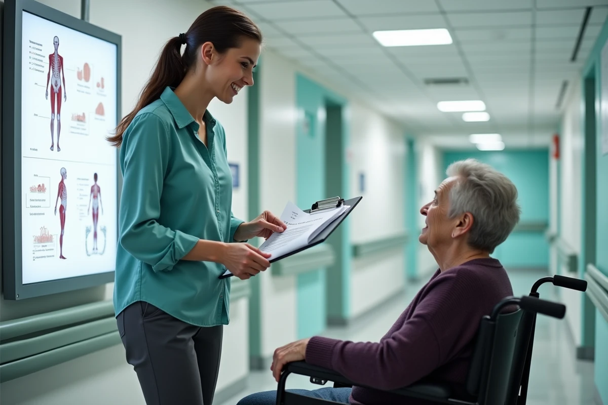 Ergothérapeute présentant les résultats d'un bilan à une patiente âgée en milieu hospitalier