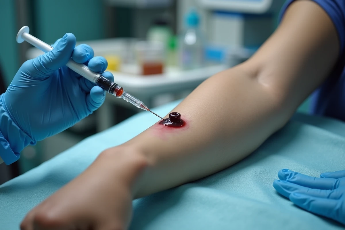 Gros plan d'une prise de sang sur l'avant-bras d'un patient, symbolisant le bilan biologique pour détecter un taux de monocytes élevé et une inflammation chronique