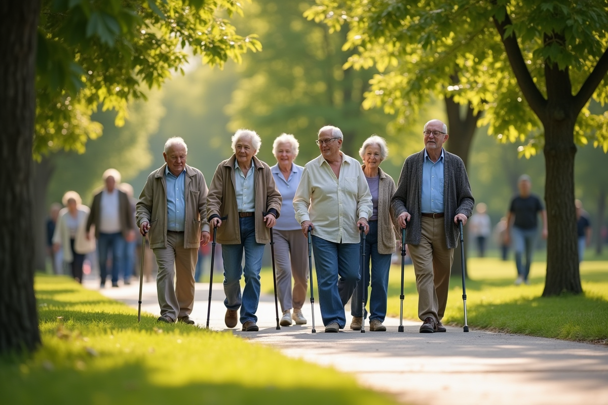 Groupe de seniors marchant dans un parc en plein jour