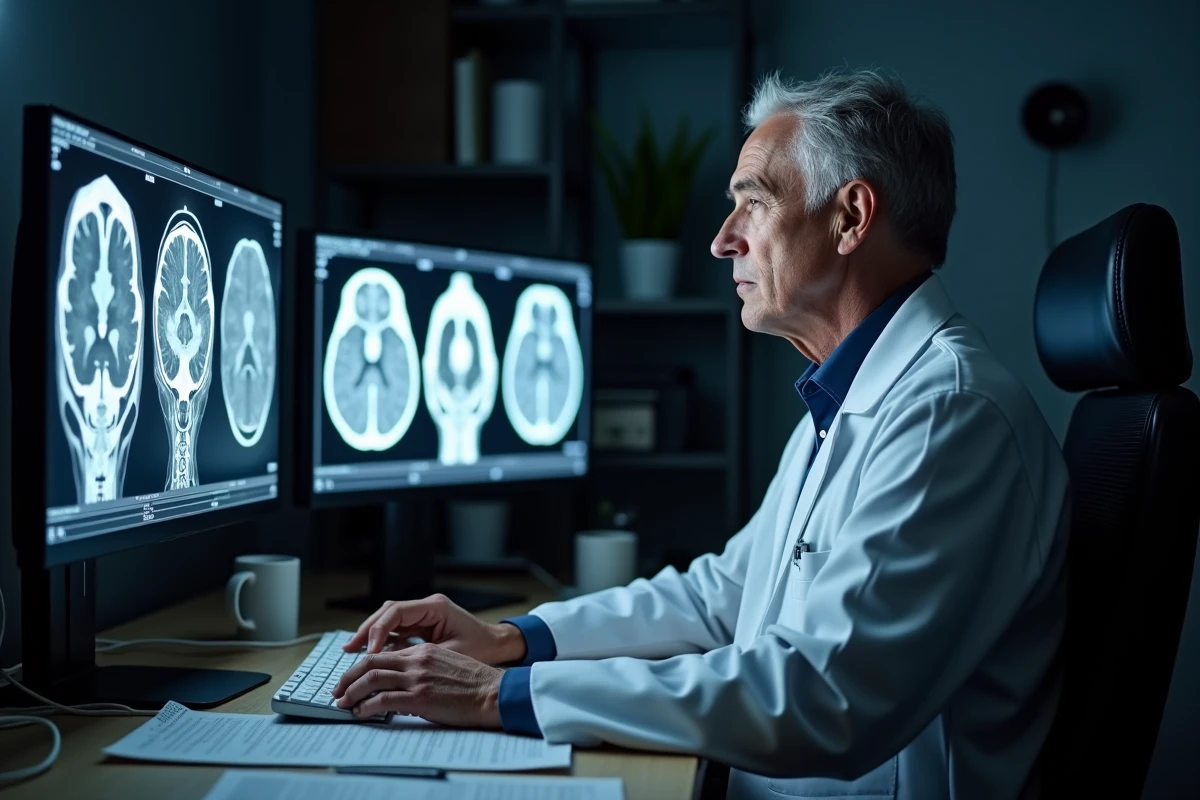 Radiologue examinant des images IRM cérébrales sur écran, analyse des effets du gadolinium et des résultats d'imagerie par résonance magnétique