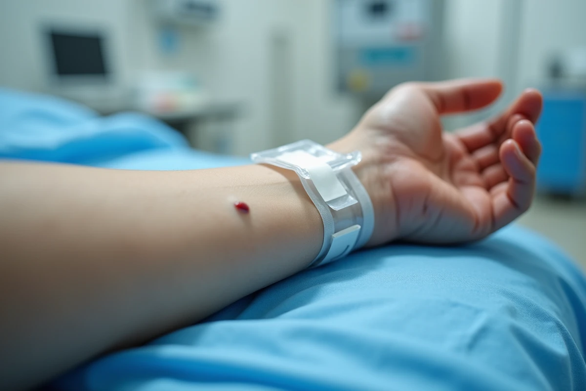Gros plan sur un avant-bras avec cathéter intraveineux et légère réaction cutanée locale autour du site de perfusion de fer