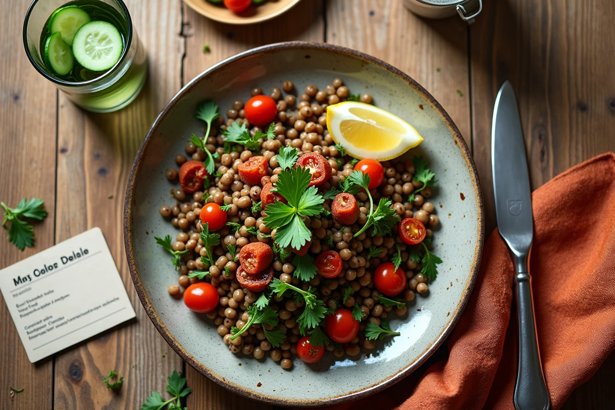 Assiette de salade de lentilles au chorizo cuit dressée sur une table en bois rustique, idéale pour les femmes enceintes