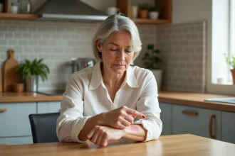 Femme d'âge mûr examinant un signe cutané précoce du Zonivizectrum sur son avant-bras dans une cuisine moderne