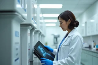 Radiologue triant des radiographies médicales usagées dans des bacs de recyclage étiquetés en milieu hospitalier