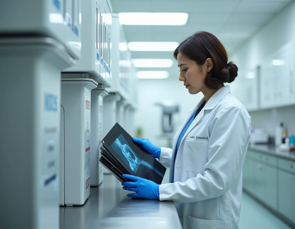 Radiologue triant des radiographies médicales usagées dans des bacs de recyclage étiquetés en milieu hospitalier