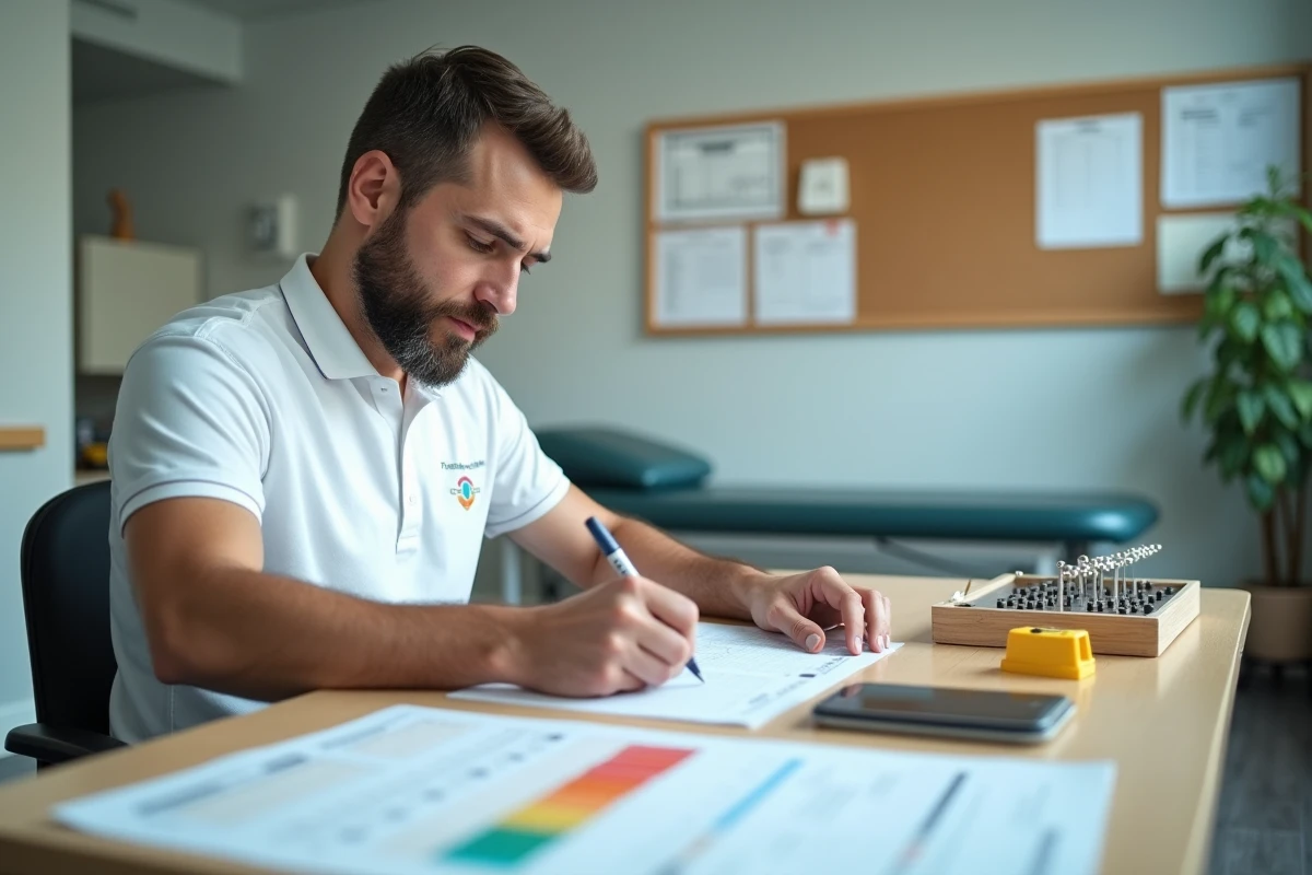 Ergothérapeute rédigeant un compte rendu de bilan avec des outils d'évaluation sur son bureau