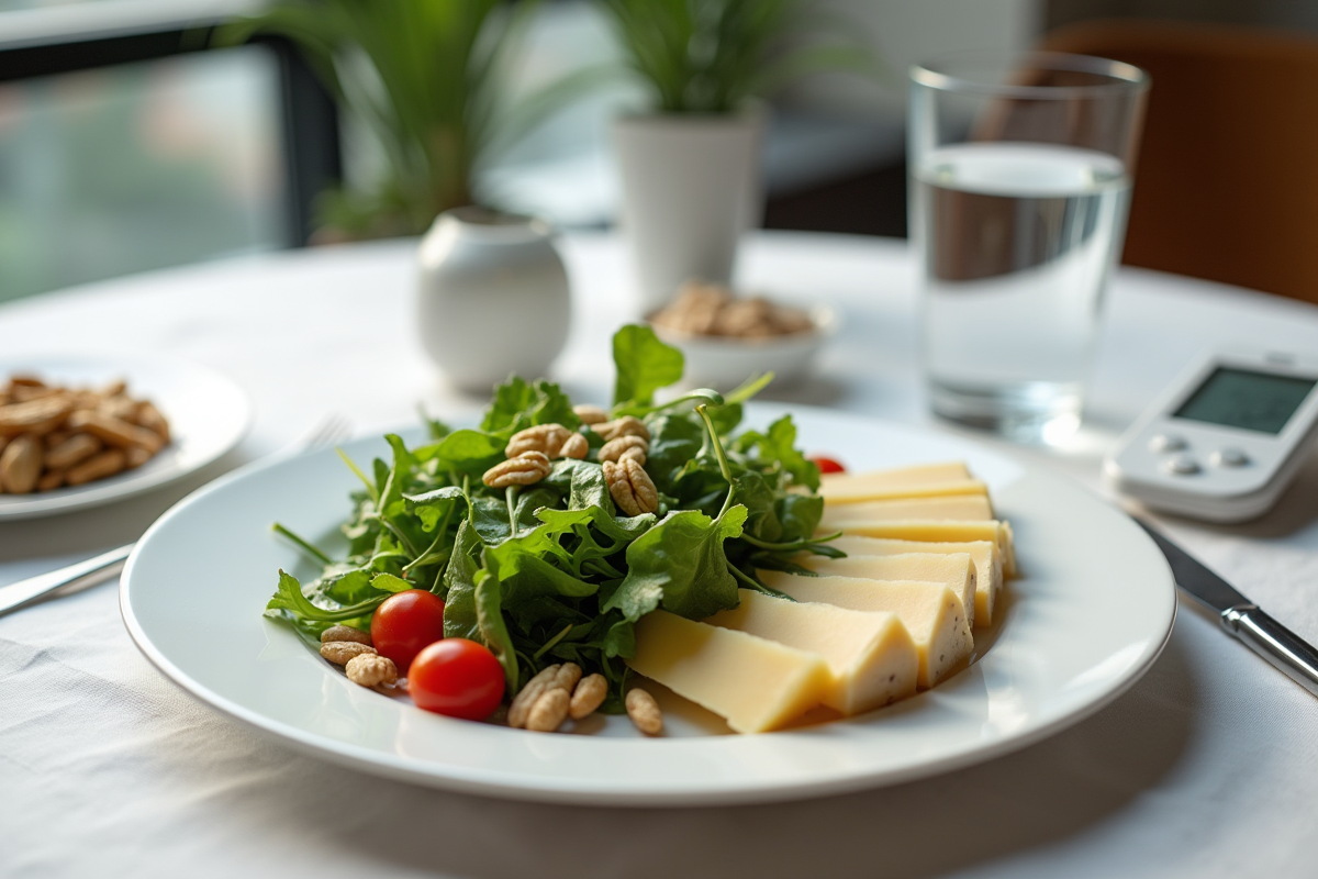 Repas sain avec salade fromage et moniteur de sucre