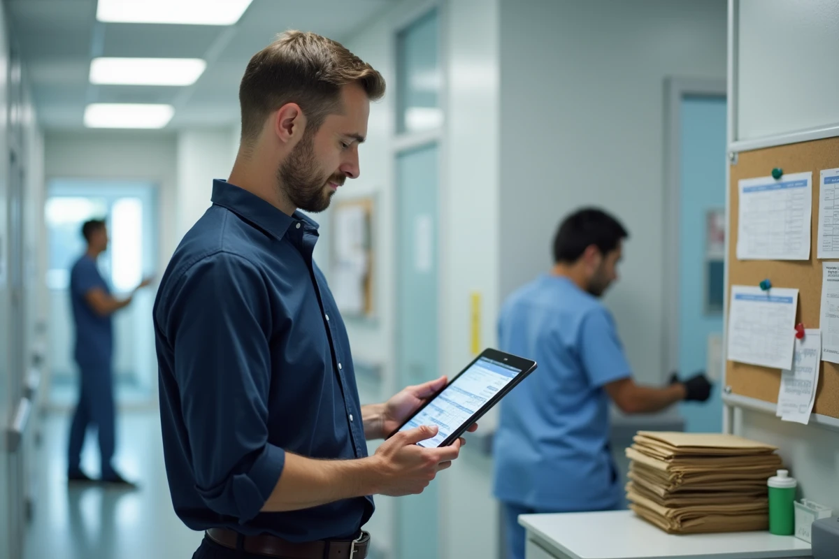 Responsable administratif hospitalier consultant un tableau de bord de planification sur tablette dans un couloir de clinique