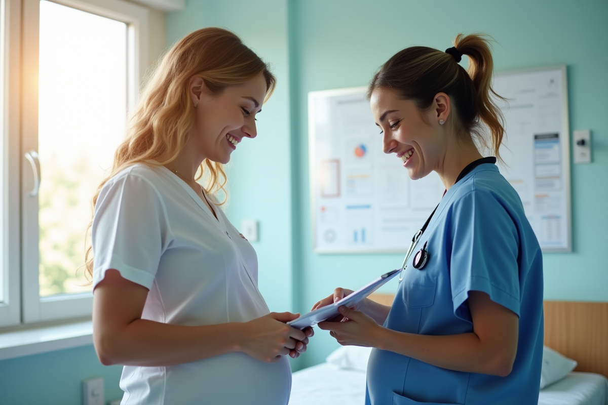 Sage-femme et femme enceinte souriantes dans une maternité lumineuse