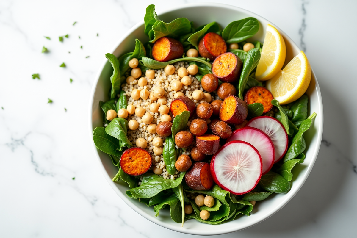 Salade colorée de quinoa et légumes avec citron