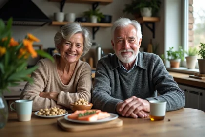 Femme et homme âgé dans une cuisine chaleureuse et moderne