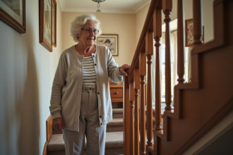 Femme âgée montant les escaliers dans un intérieur chaleureux