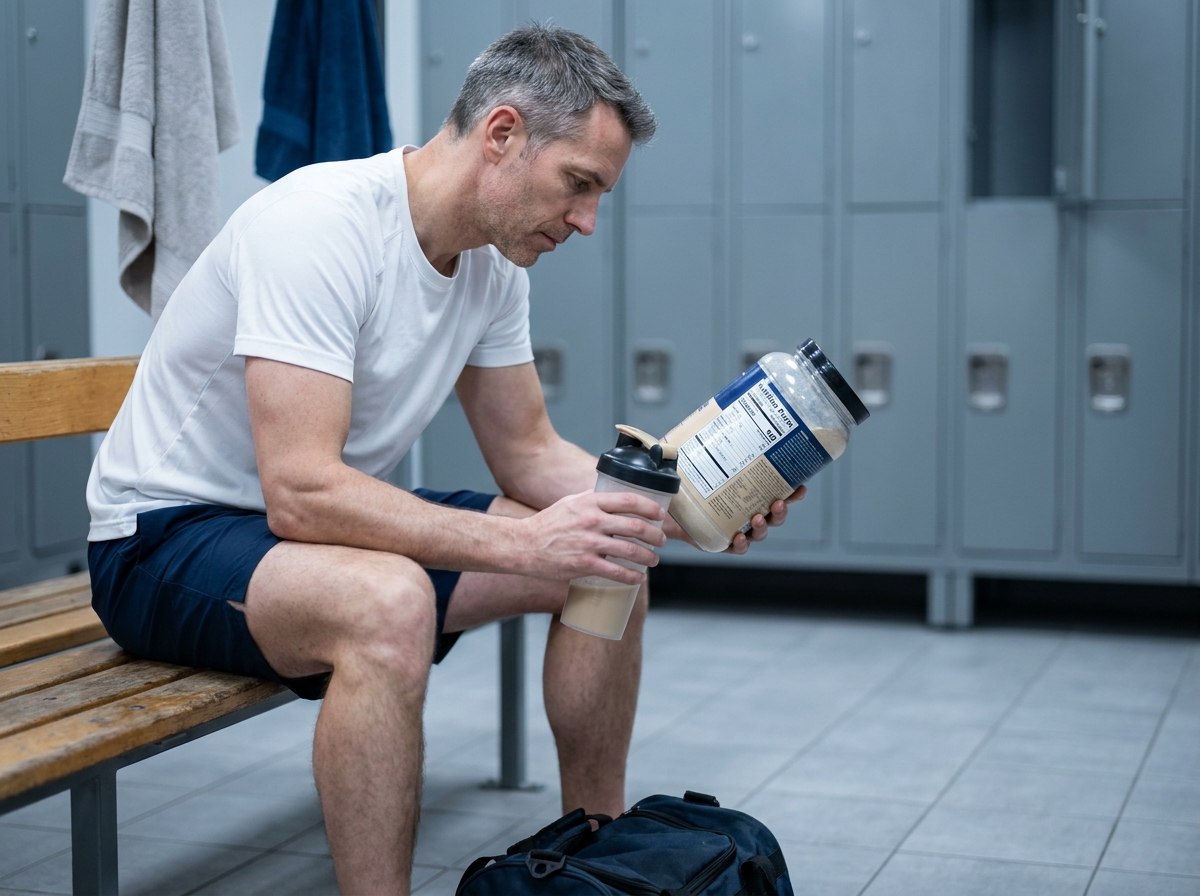 Homme sportif tenant un shaker de protéines dans un vestiaire de salle de sport après l'entraînement