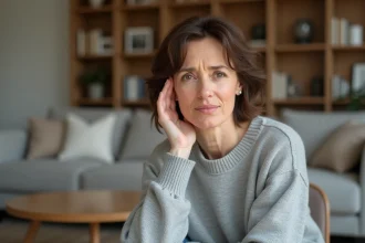 Femme d'une quarantaine d'années portant la main à son oreille gauche avec une expression préoccupée, illustrant le sifflement de l'oreille gauche