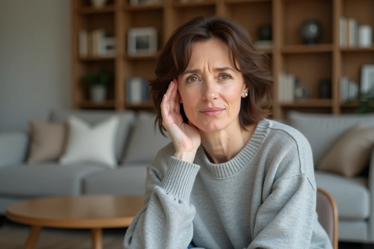 Femme d'une quarantaine d'années portant la main à son oreille gauche avec une expression préoccupée, illustrant le sifflement de l'oreille gauche