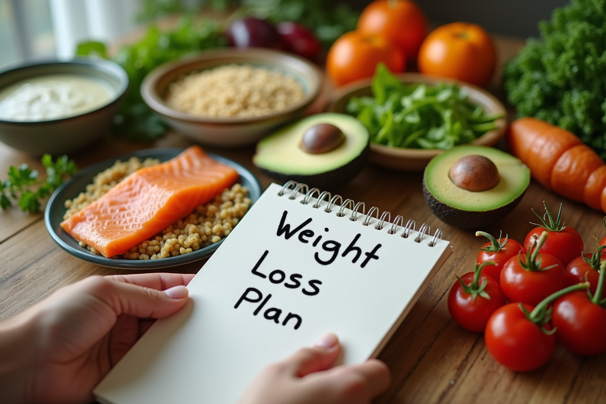 Table en bois avec quinoa saumon avocat et plan de perte de poids