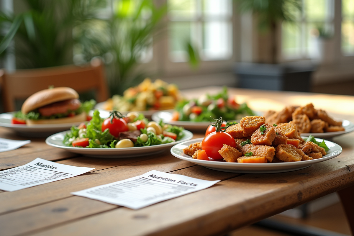 Table en bois avec trois plats de repas sains et fiches nutritionnelles