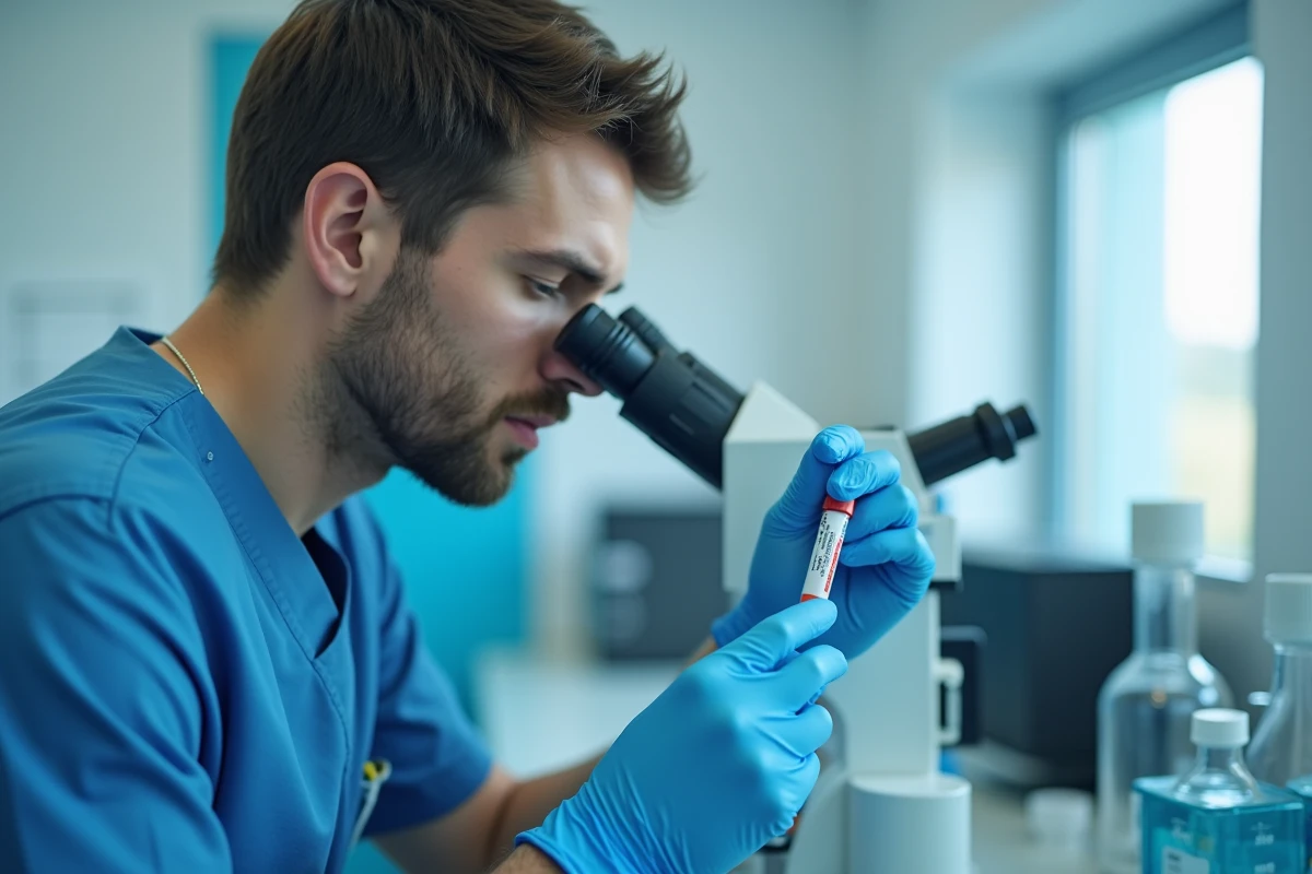 Technicien de laboratoire analysant un échantillon d'urine au microscope pour détecter des cellules épithéliales rares