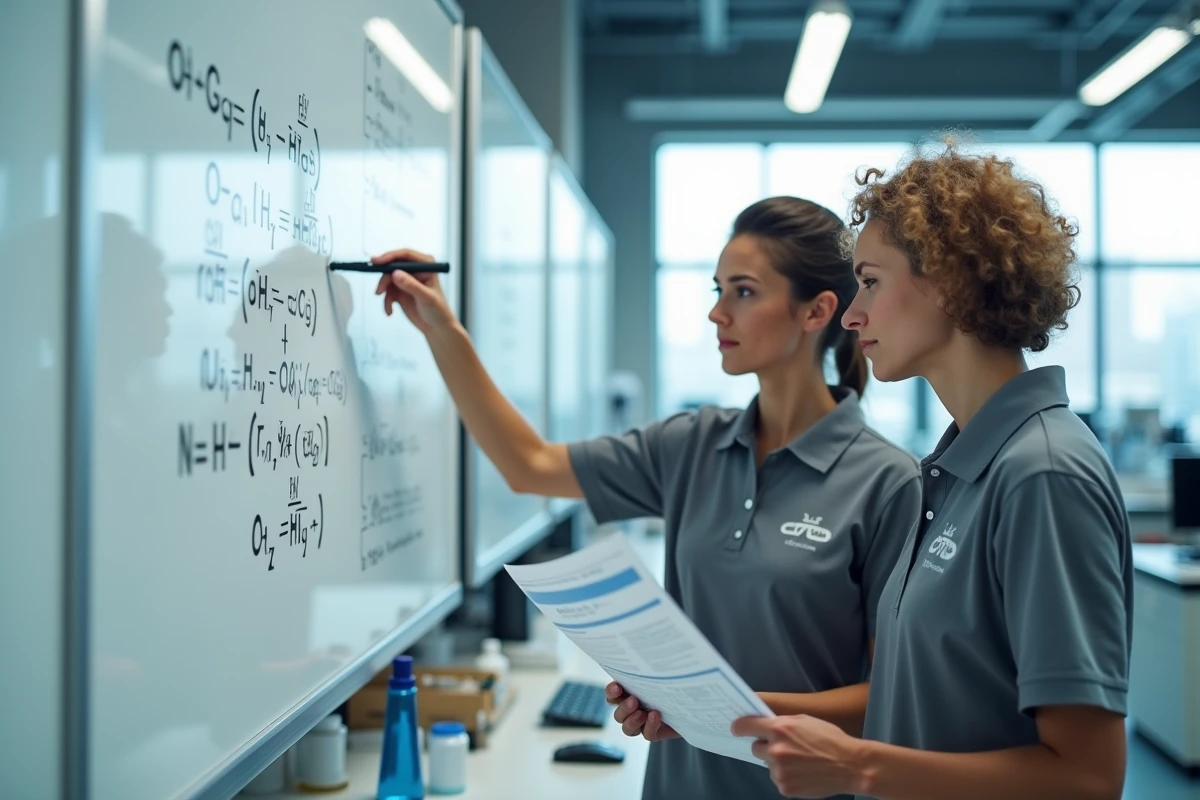 Deux techniciennes de laboratoire discutant des formules de concentration massique et volumique devant un tableau blanc en laboratoire industriel