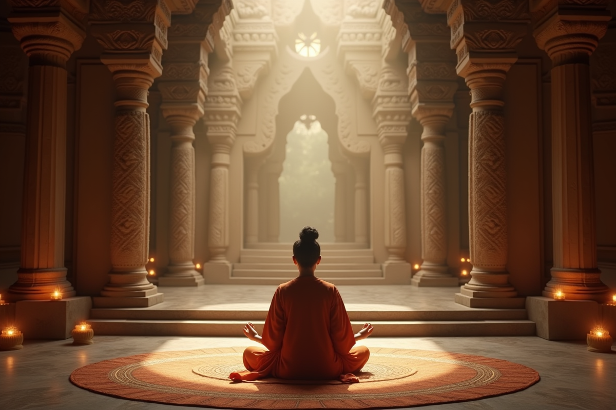 Personne méditant dans un ancien temple avec bougies et sculptures