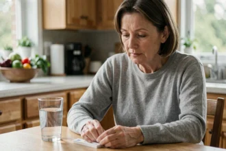 Femme d'âge moyen vérifiant un test de microalbuminurie à domicile avec bandelette urinaire sur une table de cuisine