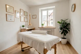 Salle de consultation d'ostéopathie dans le Haut-Rhin, avec table de traitement, modèle anatomique et diplômes encadrés