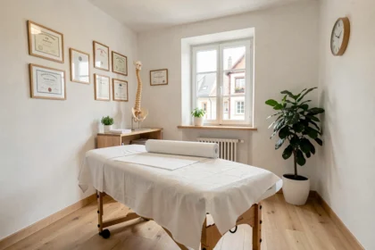 Salle de consultation d'ostéopathie dans le Haut-Rhin, avec table de traitement, modèle anatomique et diplômes encadrés