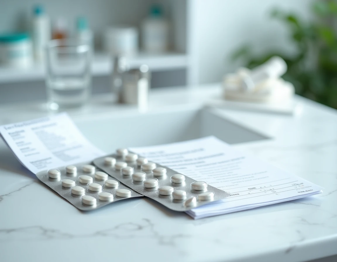 Médicaments anti-inflammatoires et ordonnance pour traiter une douleur au palais posés sur un comptoir