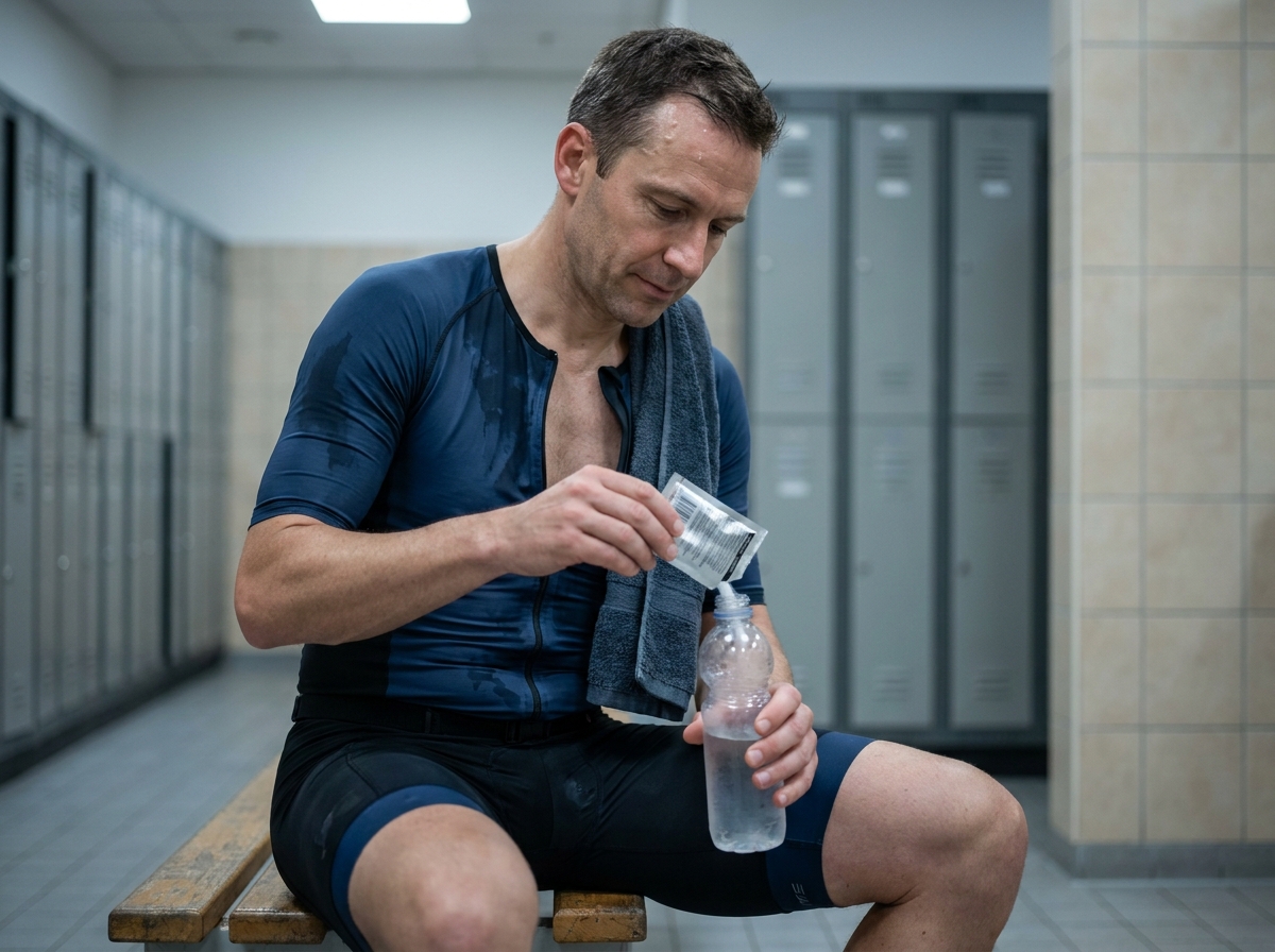 Triathlète préparant une boisson électrolytique en poudre dans un vestiaire après une séance d'entraînement