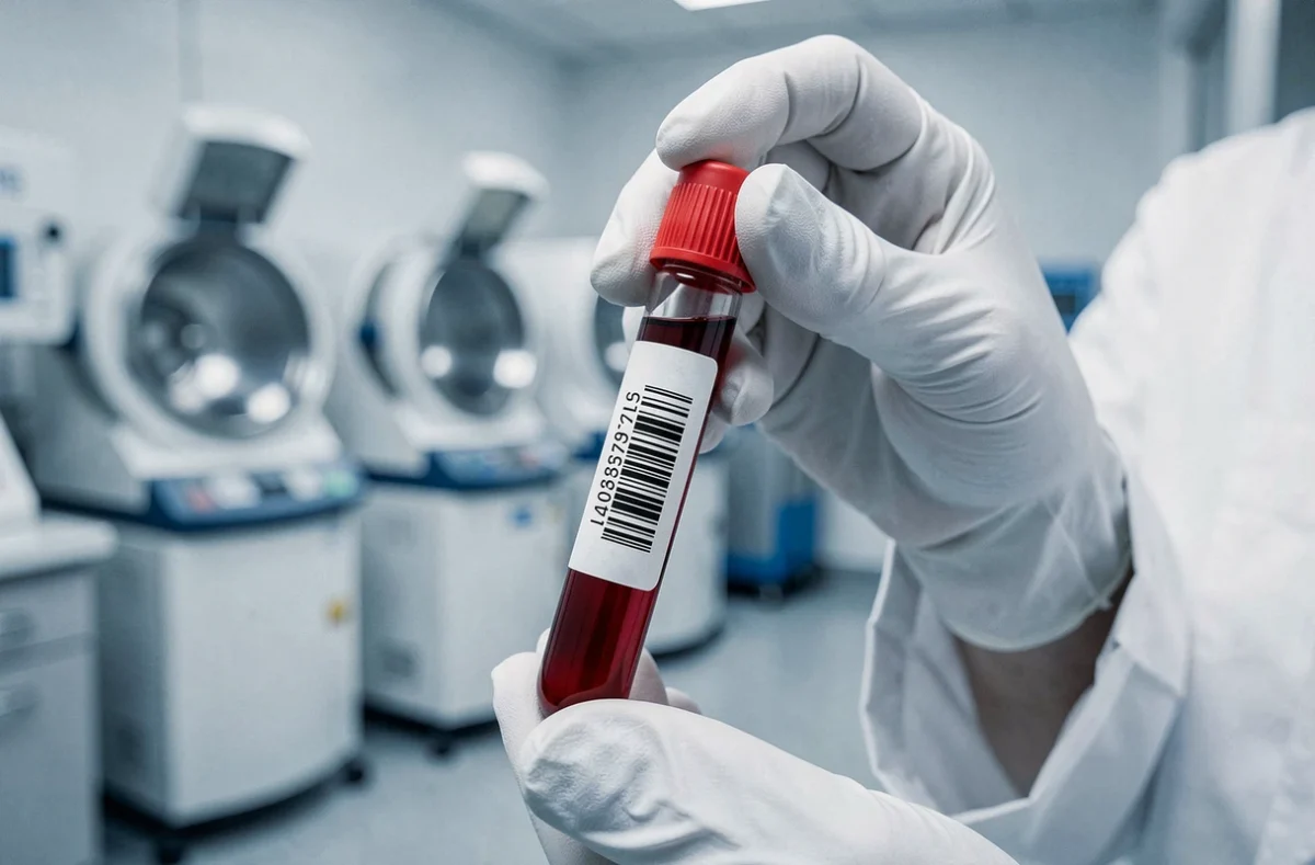 Tube d'échantillon sanguin tenu par un technicien de laboratoire pour analyse du taux d'hématies