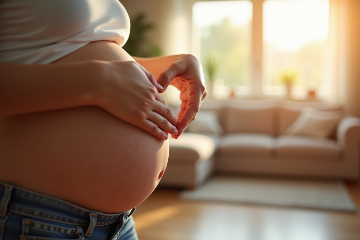 Ventre de grossesse avec mains formant un cœur dans un salon lumineux