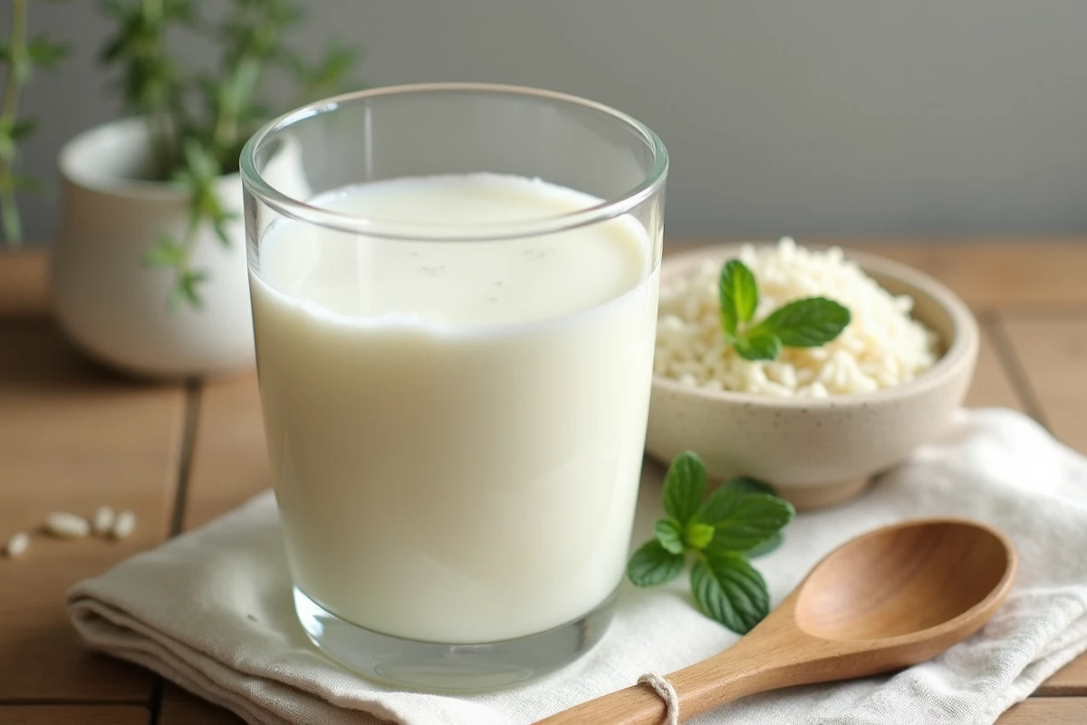 Verre d'eau de riz blanche posé sur une table en bois avec du riz cru et de la menthe fraîche