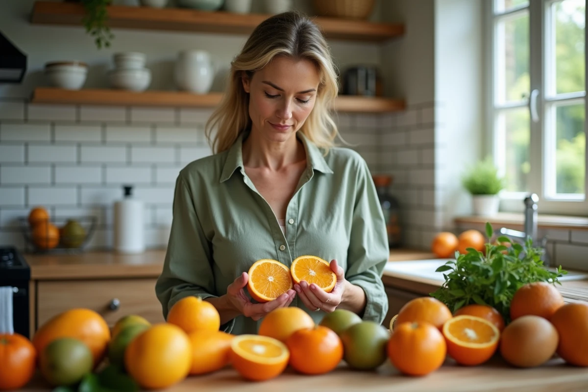 Femme dans une cuisine tenant une orange coupée en deux entourée de fruits frais riches en vitamine D et micronutriments