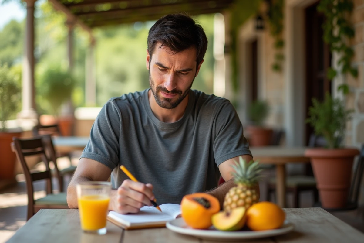 Homme en terrasse consultant des notes nutritionnelles avec un verre de jus d'orange et des fruits tropicaux frais sur la table